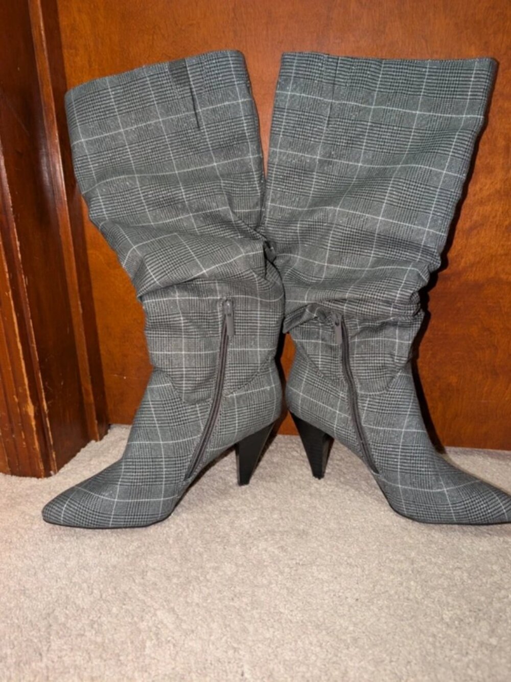 Metallic silver grey plaid slouchy knee high heel boots